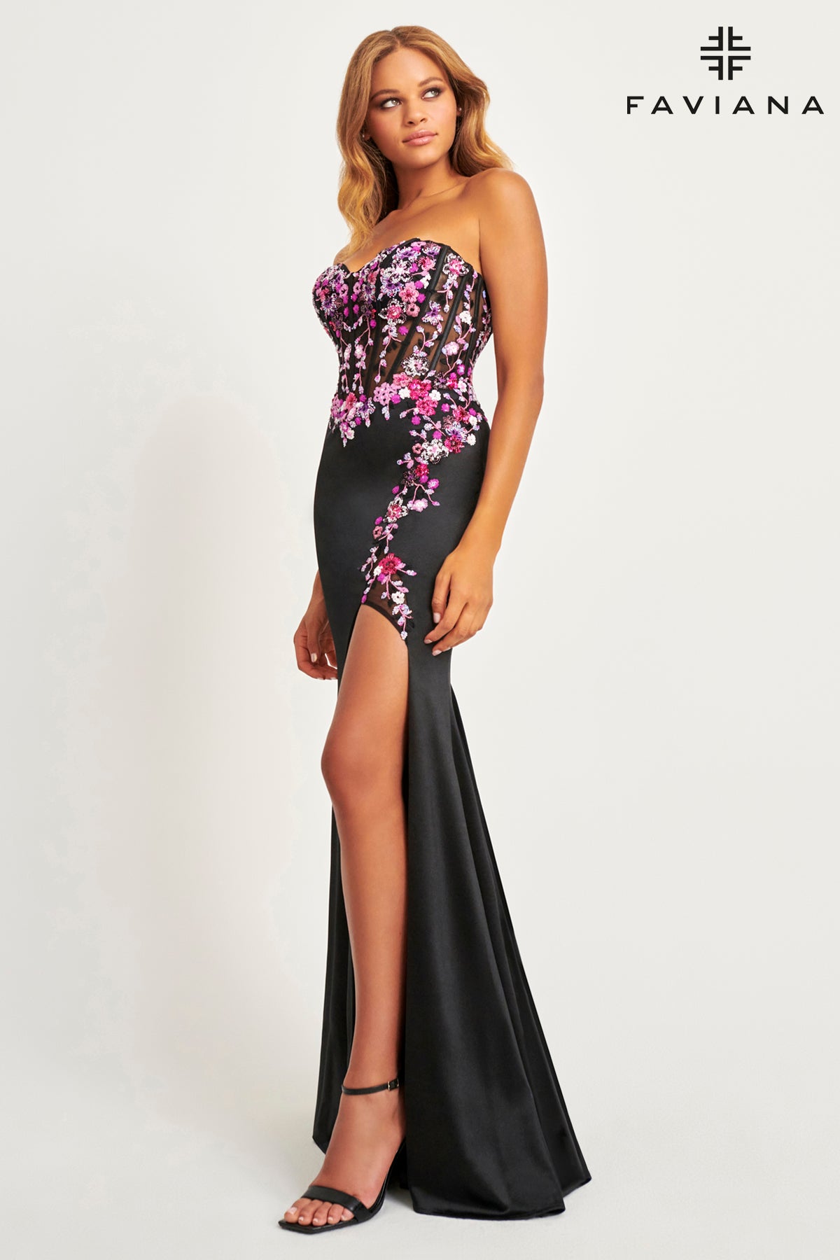 Sleek Floral Applique Strapless Corset Gown