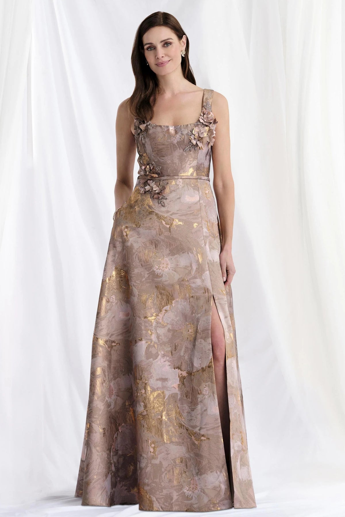 Square Neck Brocade Gown with Beaded Petals
