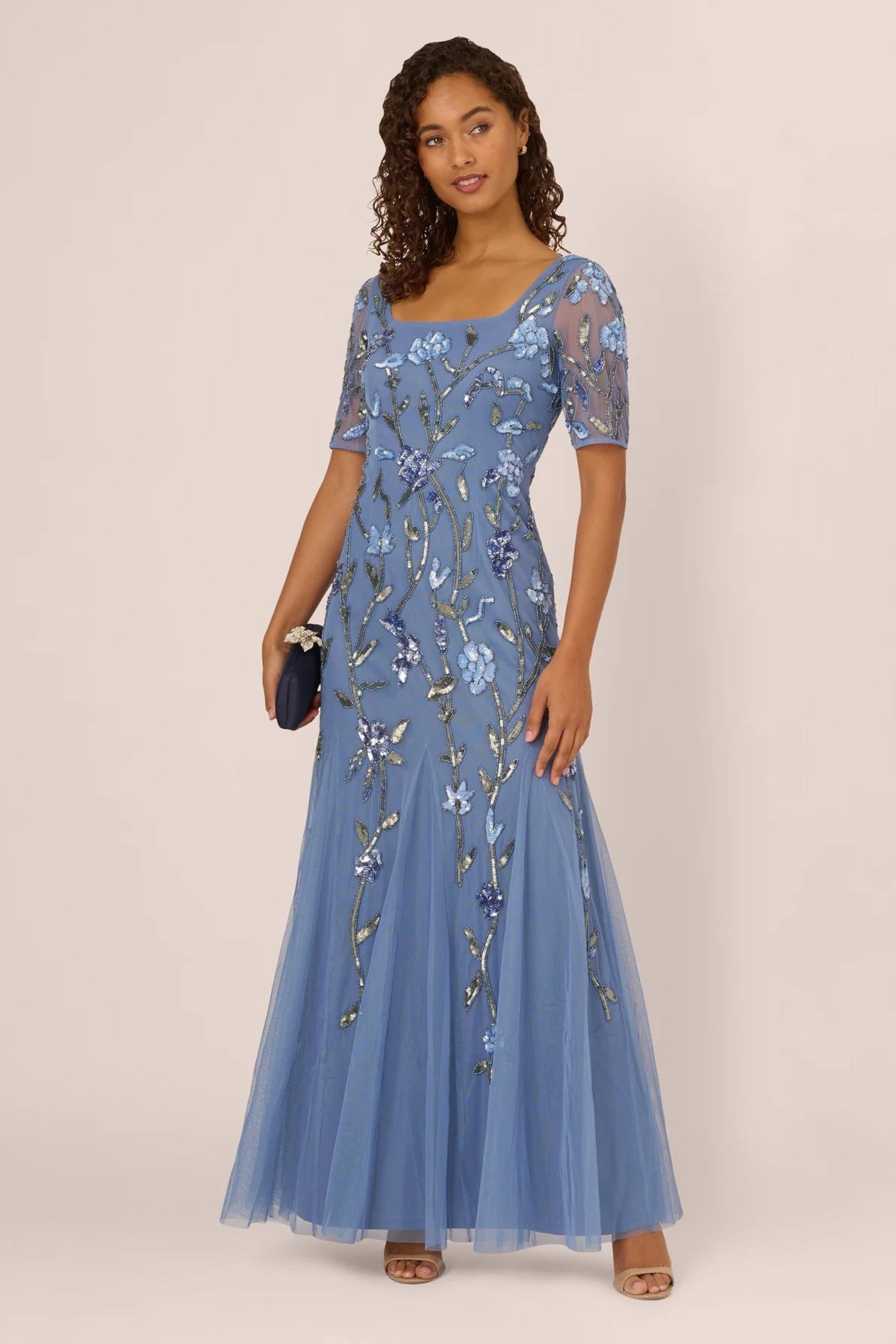 Square Neck Elbow Sleeve Beaded Godet Gown