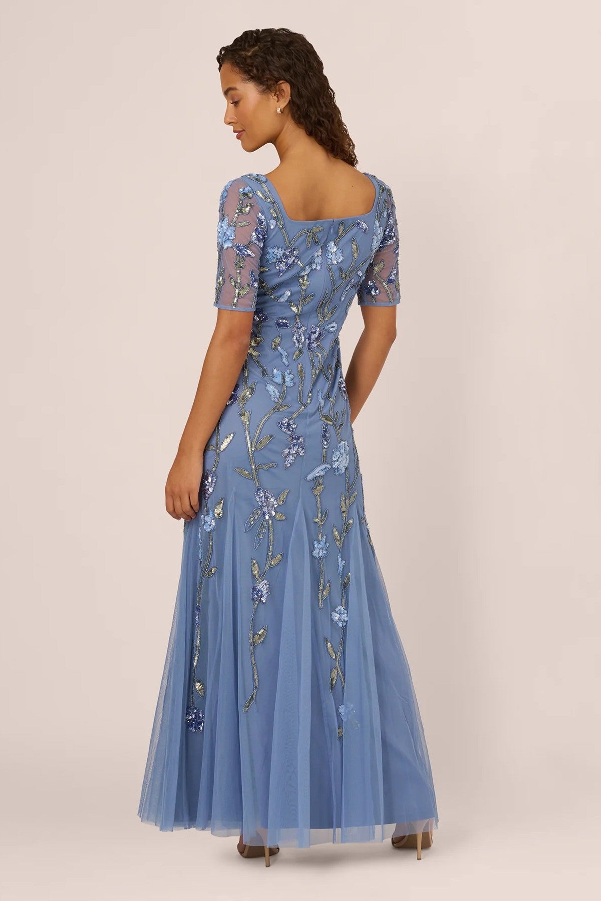 Square Neck Elbow Sleeve Beaded Godet Gown