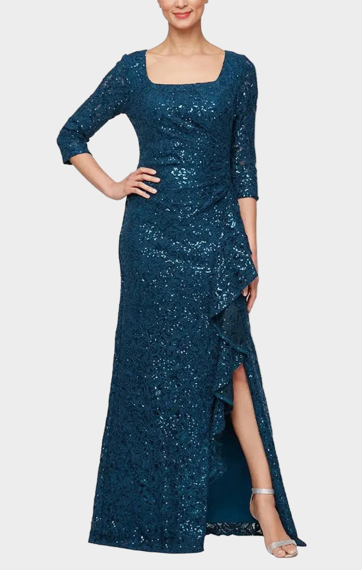 Square Neck Embellished Lace Side Ruffle Gown