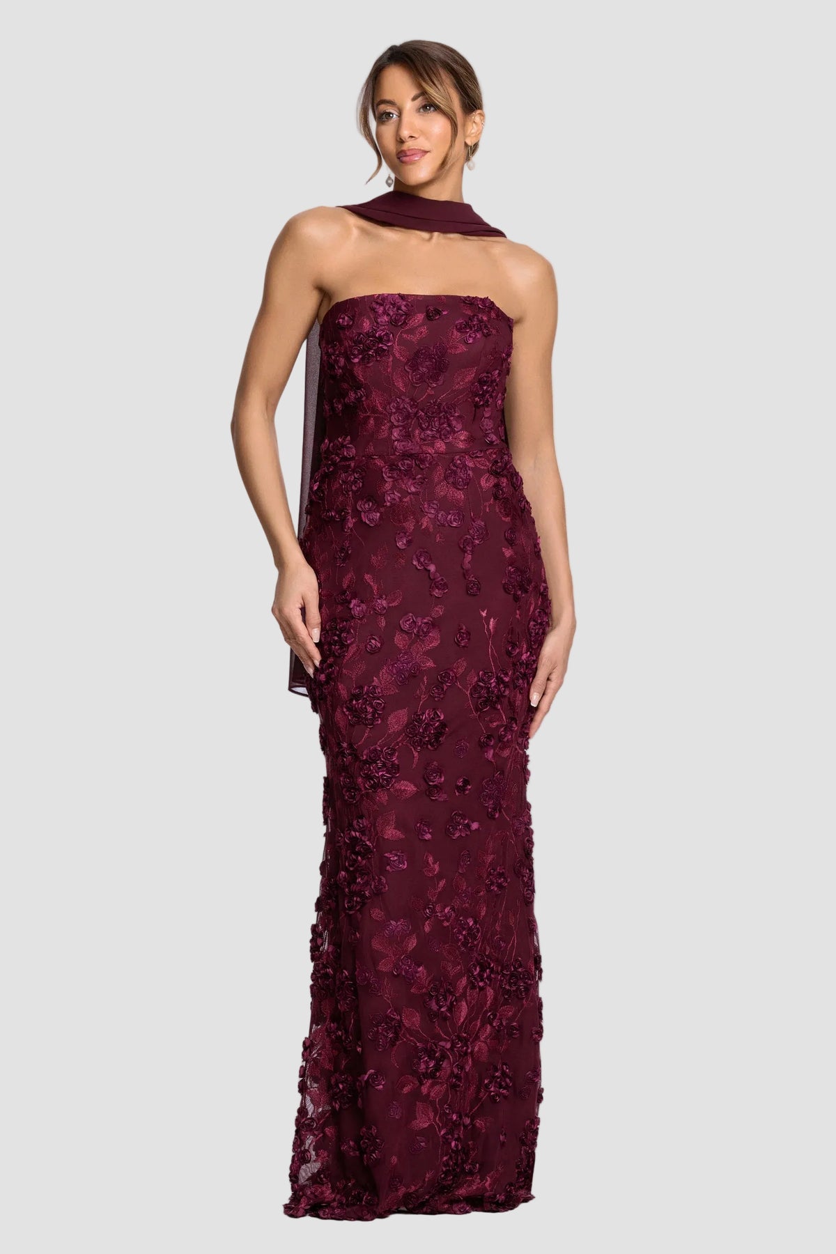 Stevie Soutache Rosettes Strapless Dress With Chiffon Scarf
