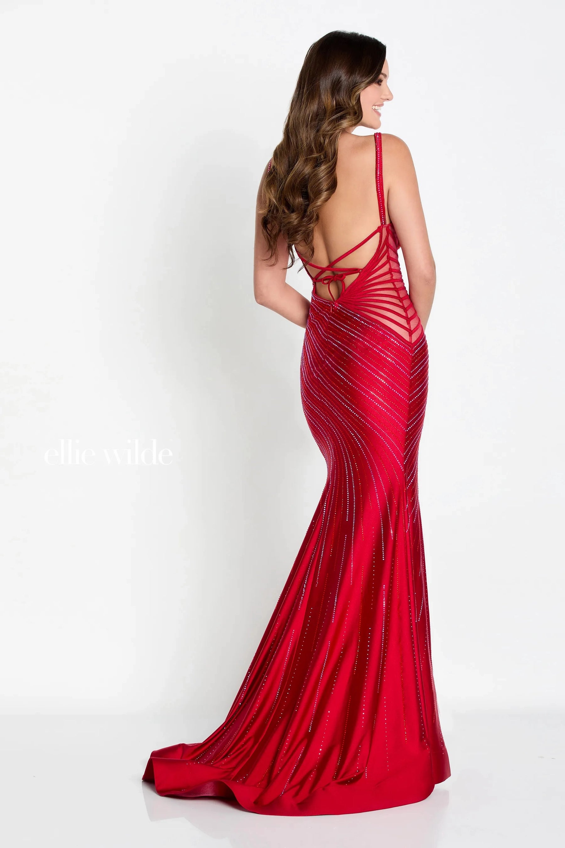 Stone Accent Illusion V-Neck Gown