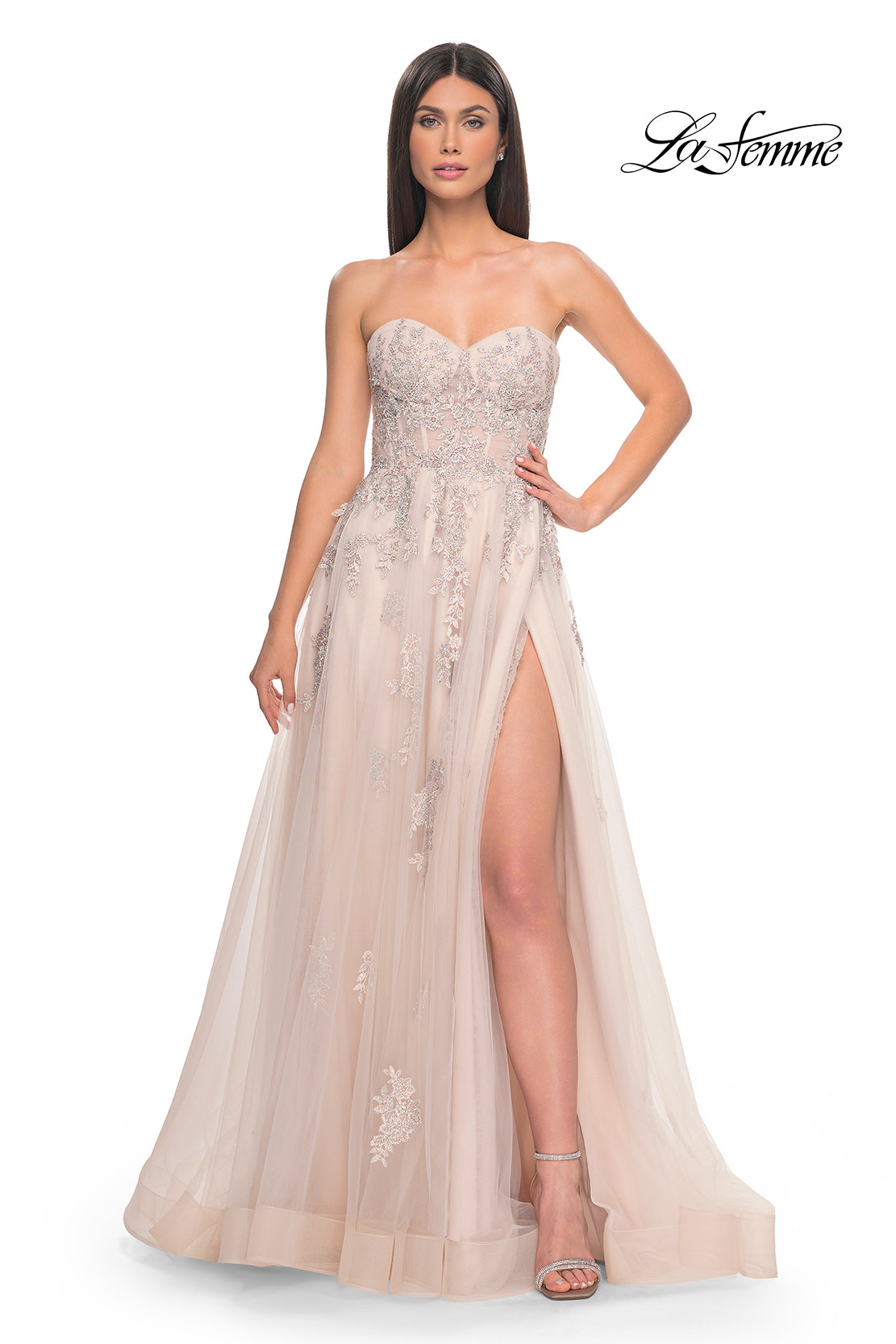 Strapless Corset Back Gown with Intricate Beaded Bodice