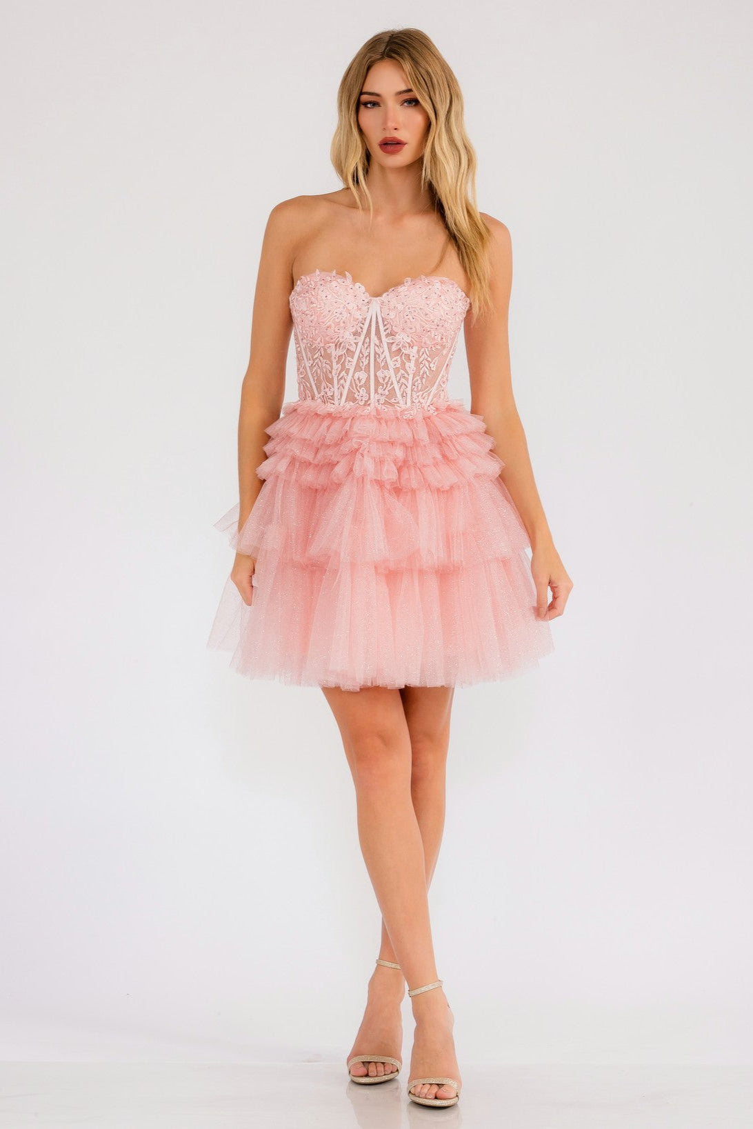 Strapless Corset Short Dress with Ruffled Glitter Tulle