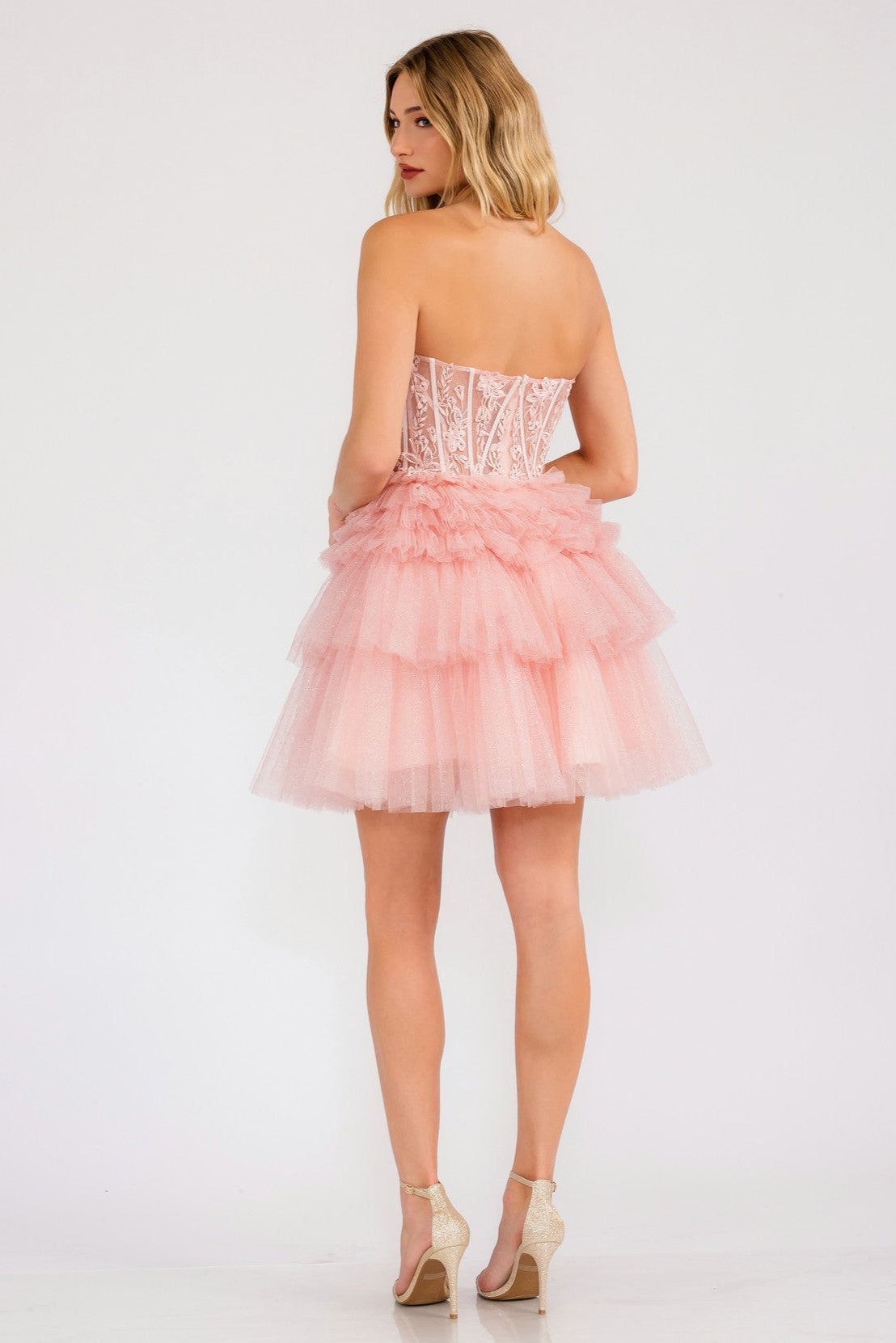 Strapless Corset Short Dress with Ruffled Glitter Tulle