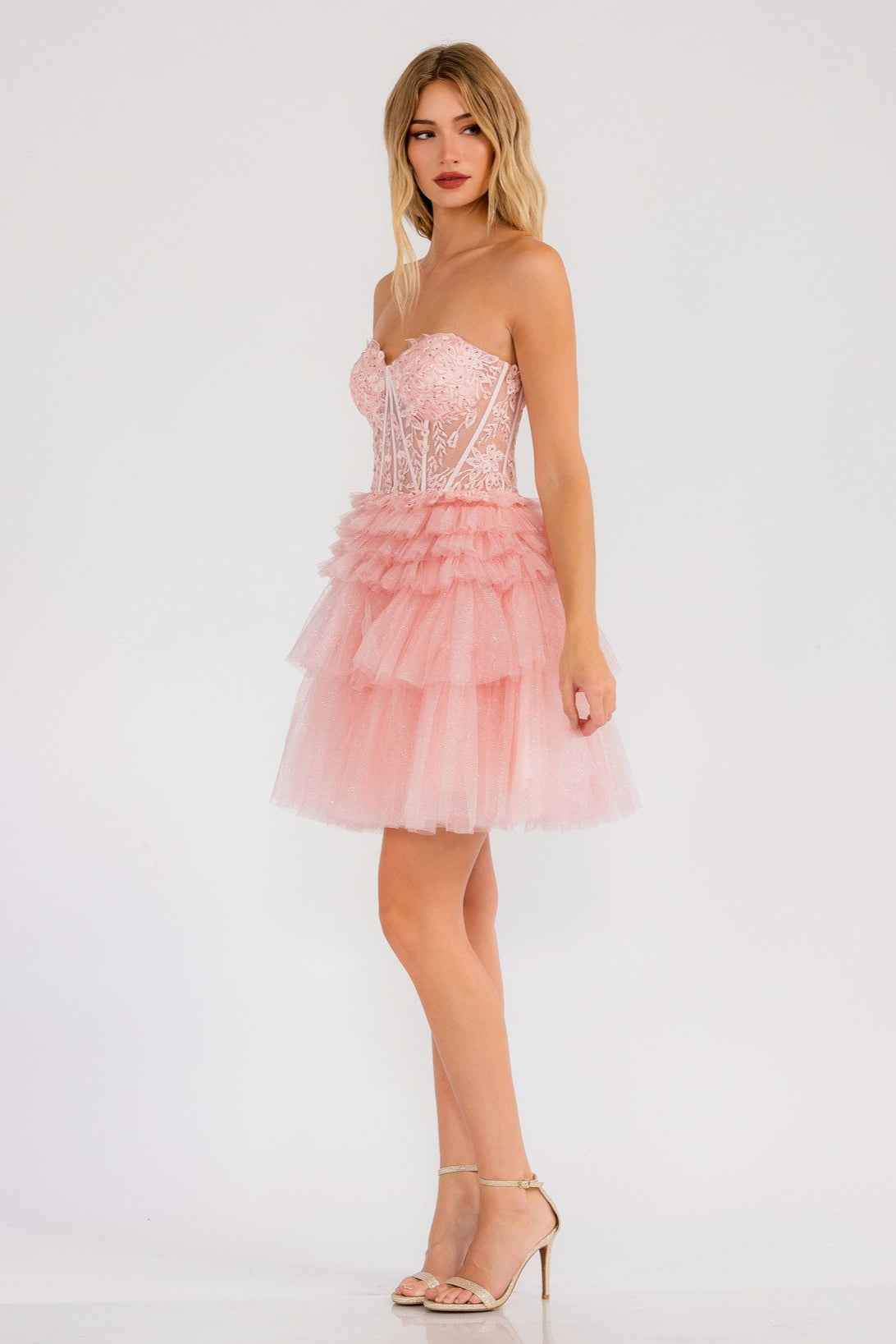 Strapless Corset Short Dress with Ruffled Glitter Tulle