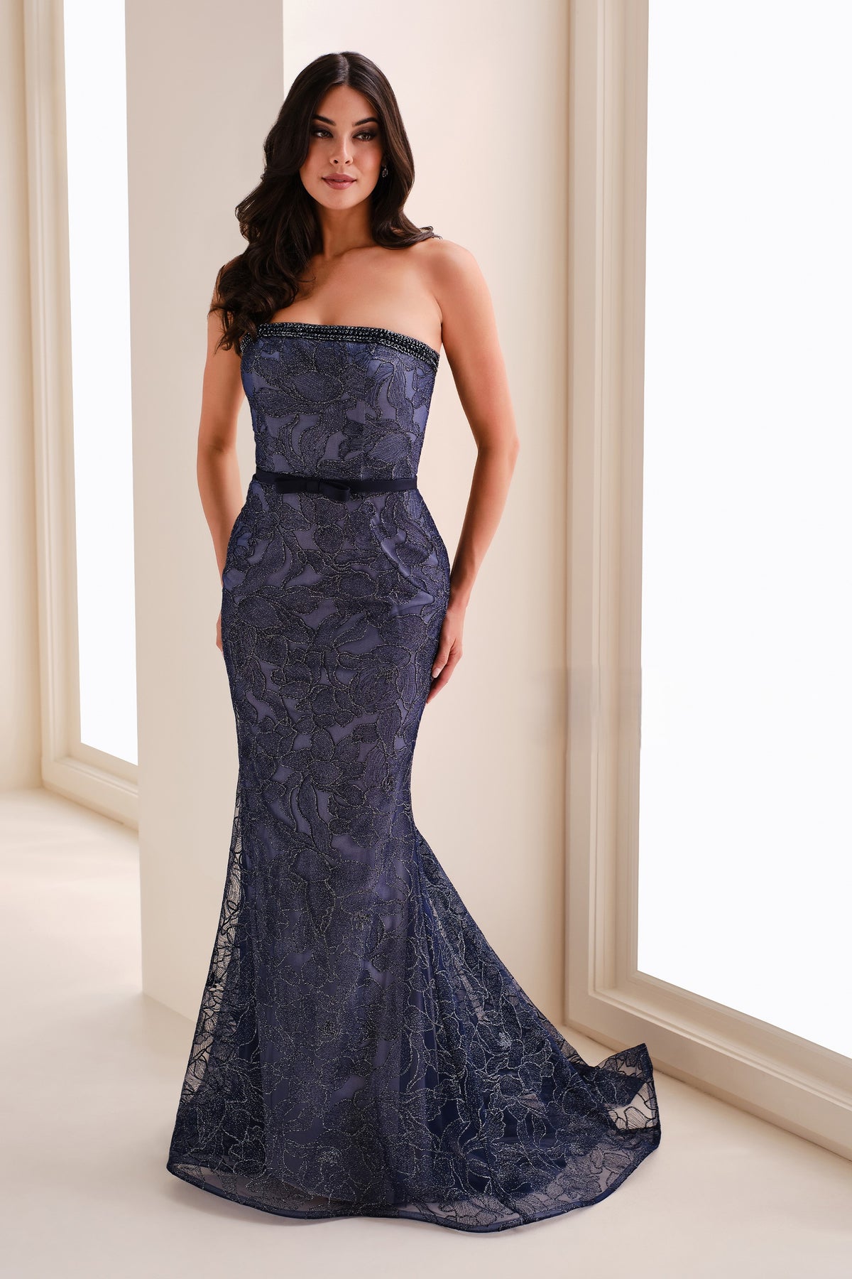 Strapless Fit and Flare Metallic Gown With Belt