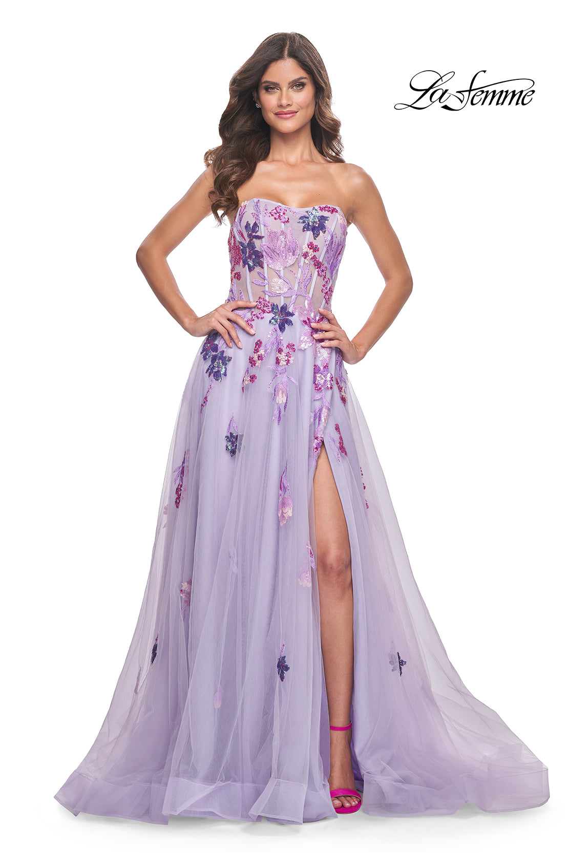 Strapless Gown with Multicolour Sequined Flowers