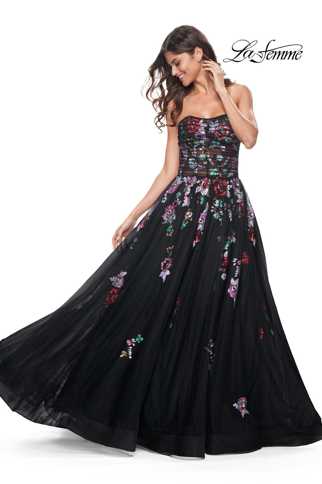 Strapless Illusion Gown with Sequined Flowers