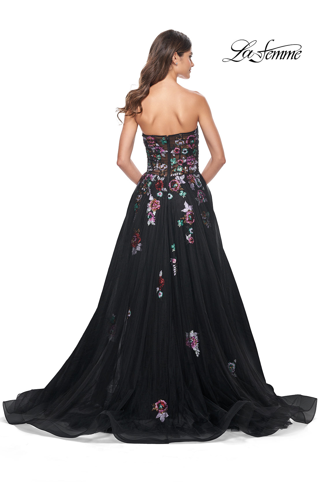 Strapless Illusion Gown with Sequined Flowers