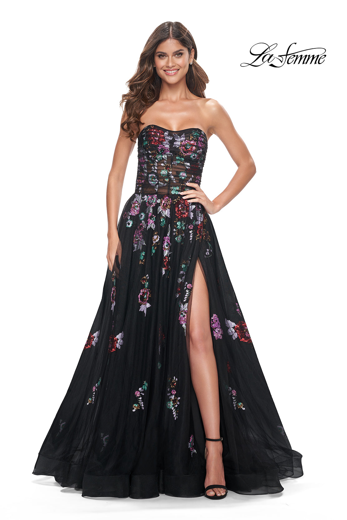 Strapless Illusion Gown with Sequined Flowers