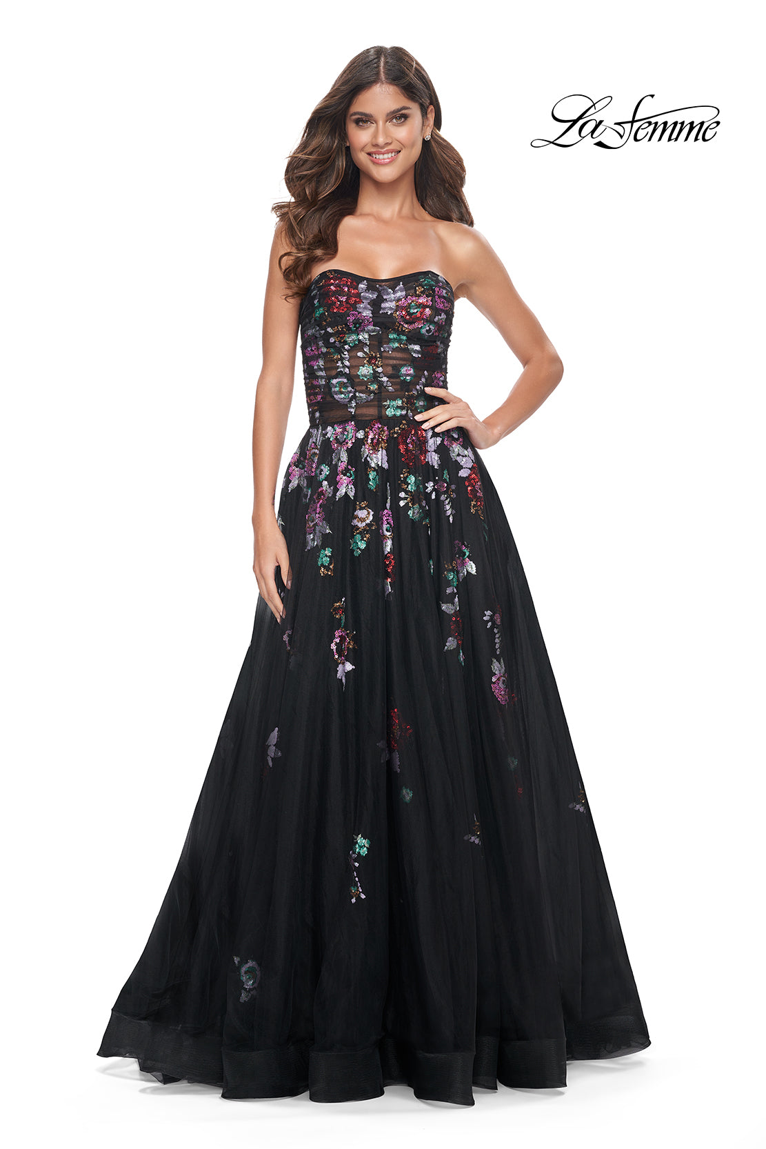Strapless Illusion Gown with Sequined Flowers