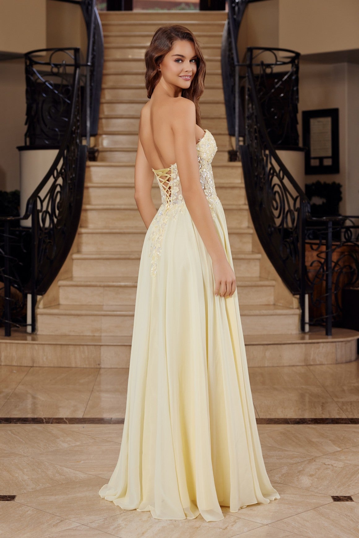 Strapless Intricate Floral Chiffon Corset Gown