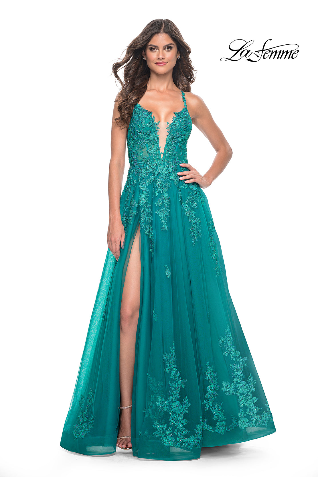 Strappy Back Beaded Lace Applique Gown