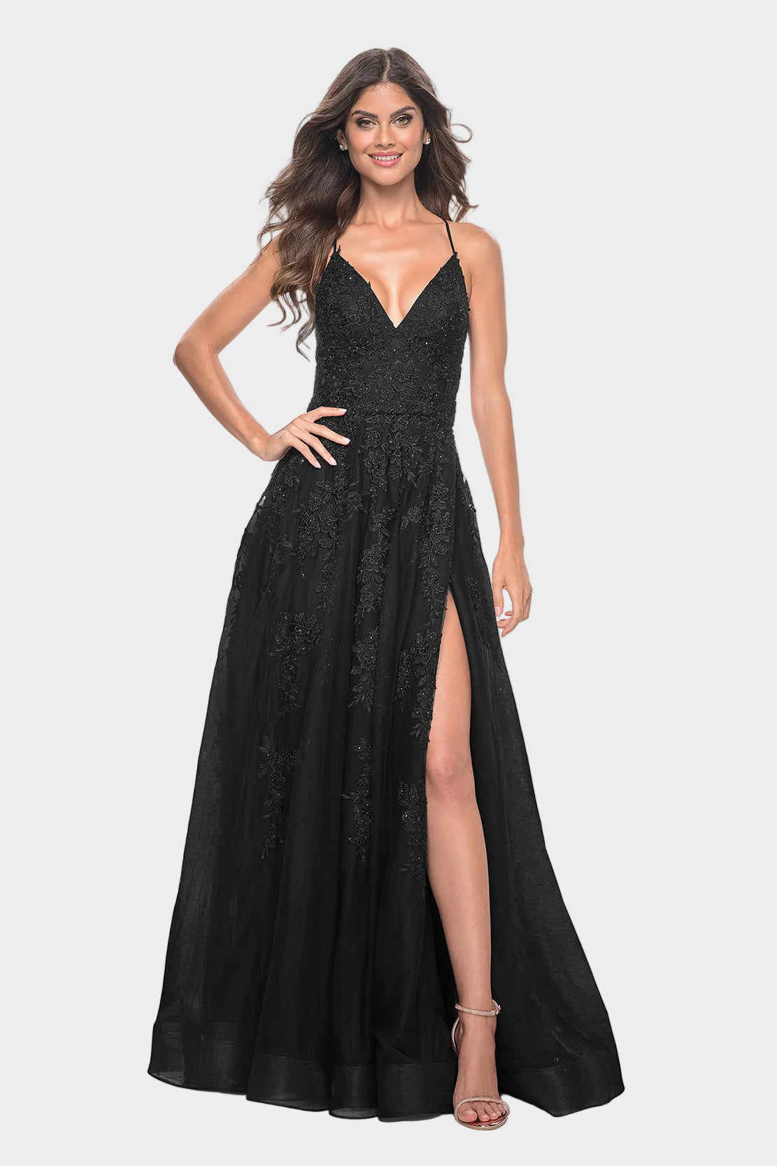 Strappy Back Gown with Cascading Lace Appliques
