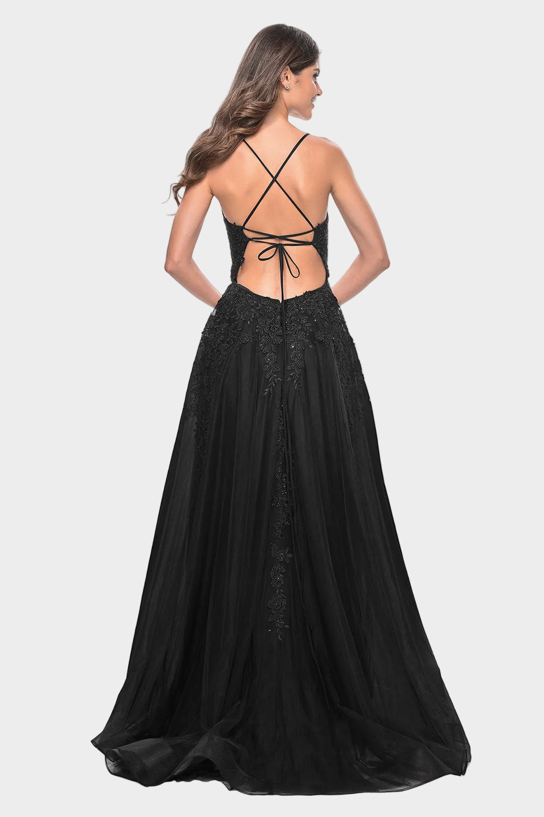 Strappy Back Gown with Cascading Lace Appliques