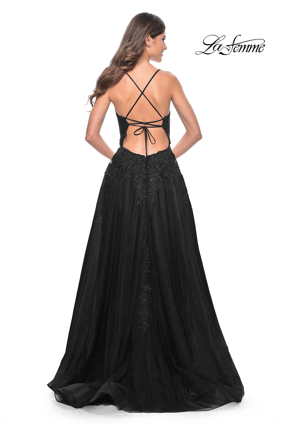 Strappy Back Gown with Cascading Lace Appliques
