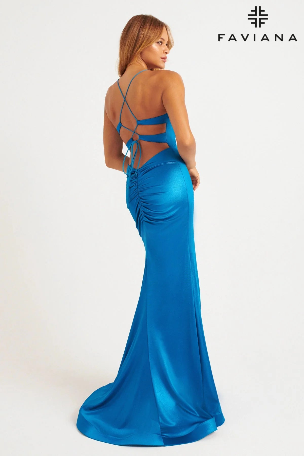 Stretch Shimmer Satin Gown with Strappy Cut-Out Back