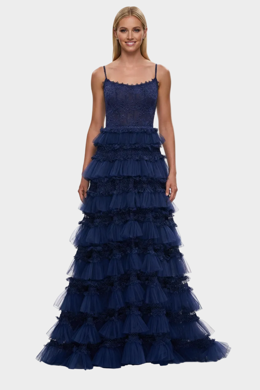 Tiered Ruffle Tulle High Slit Gown