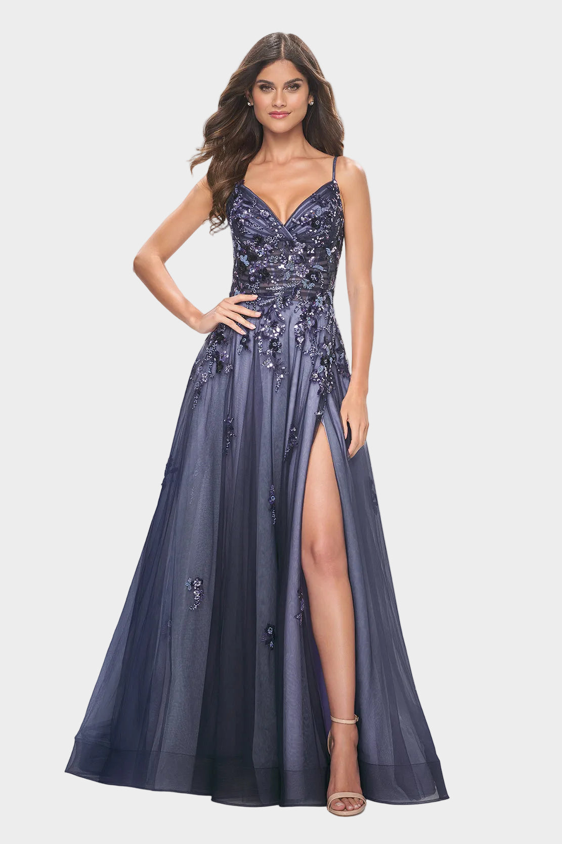 Two Tone Tulle Gown with Sequin Lace Appliques