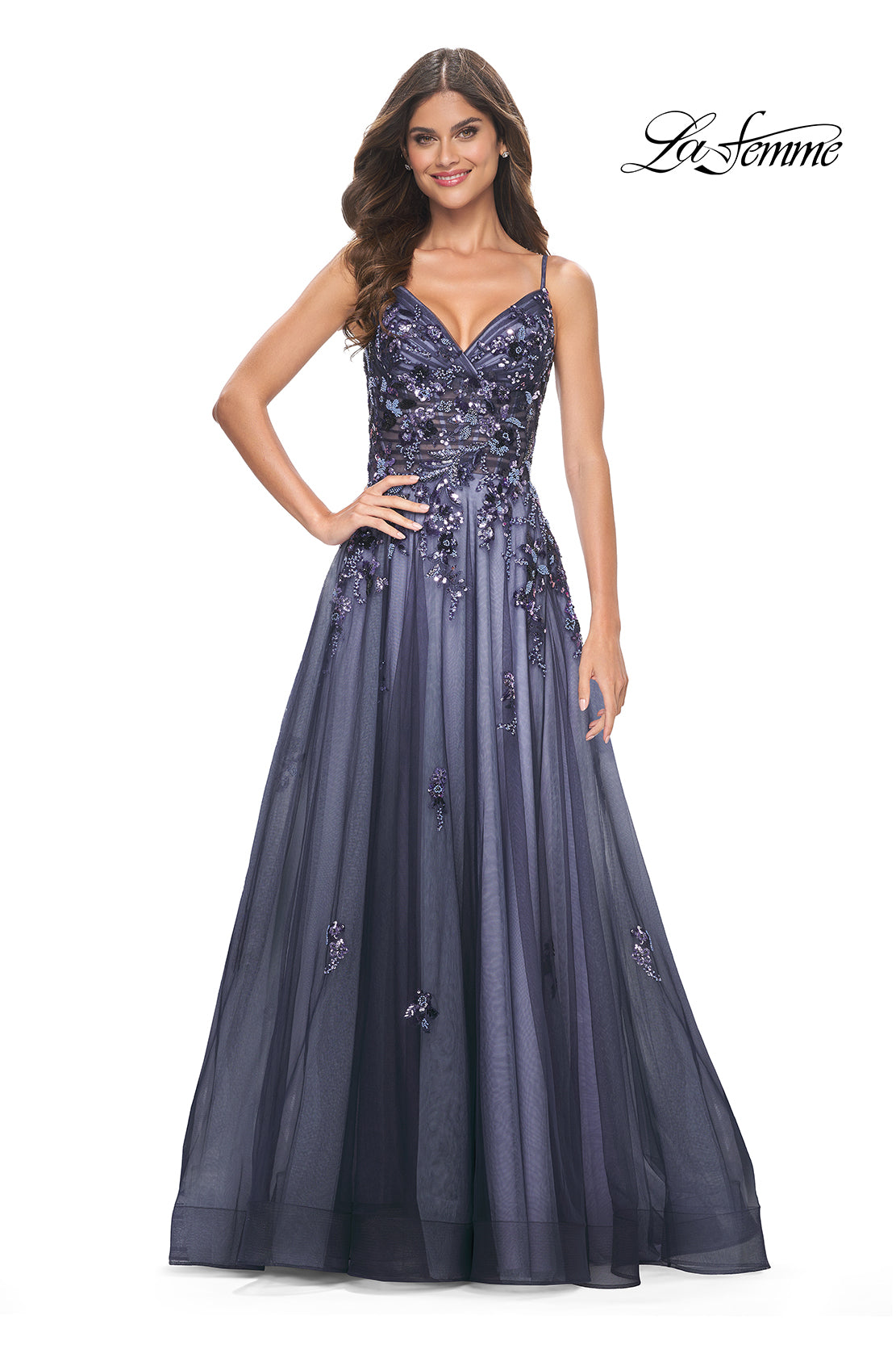 Two Tone Tulle Gown with Sequin Lace Appliques