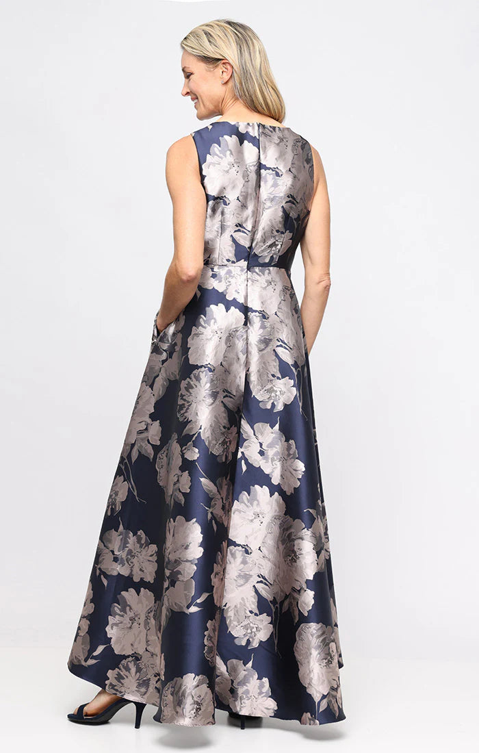 V-Neck Floral Jacquard A-Line Long Dress