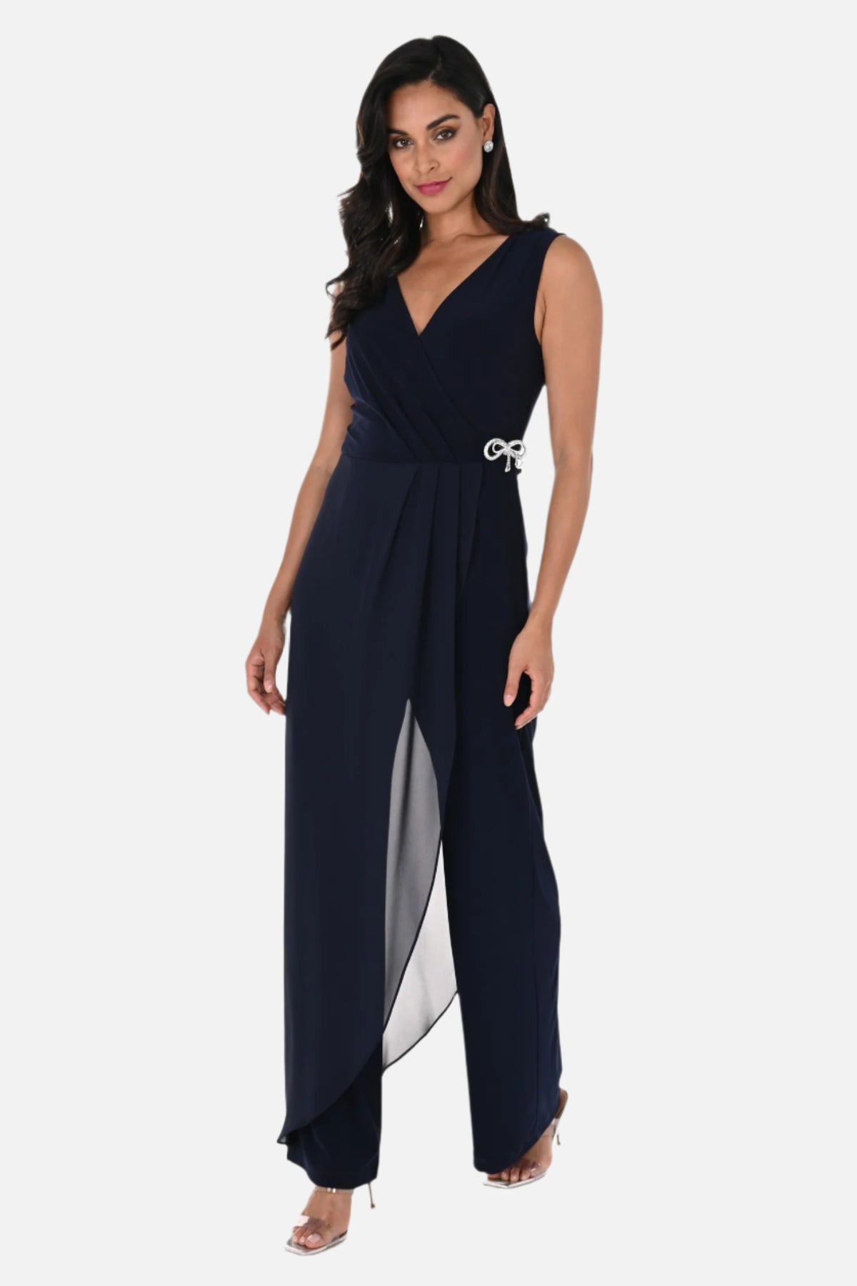 V-Neck Jumpsuit with Jeweled Bow Accent