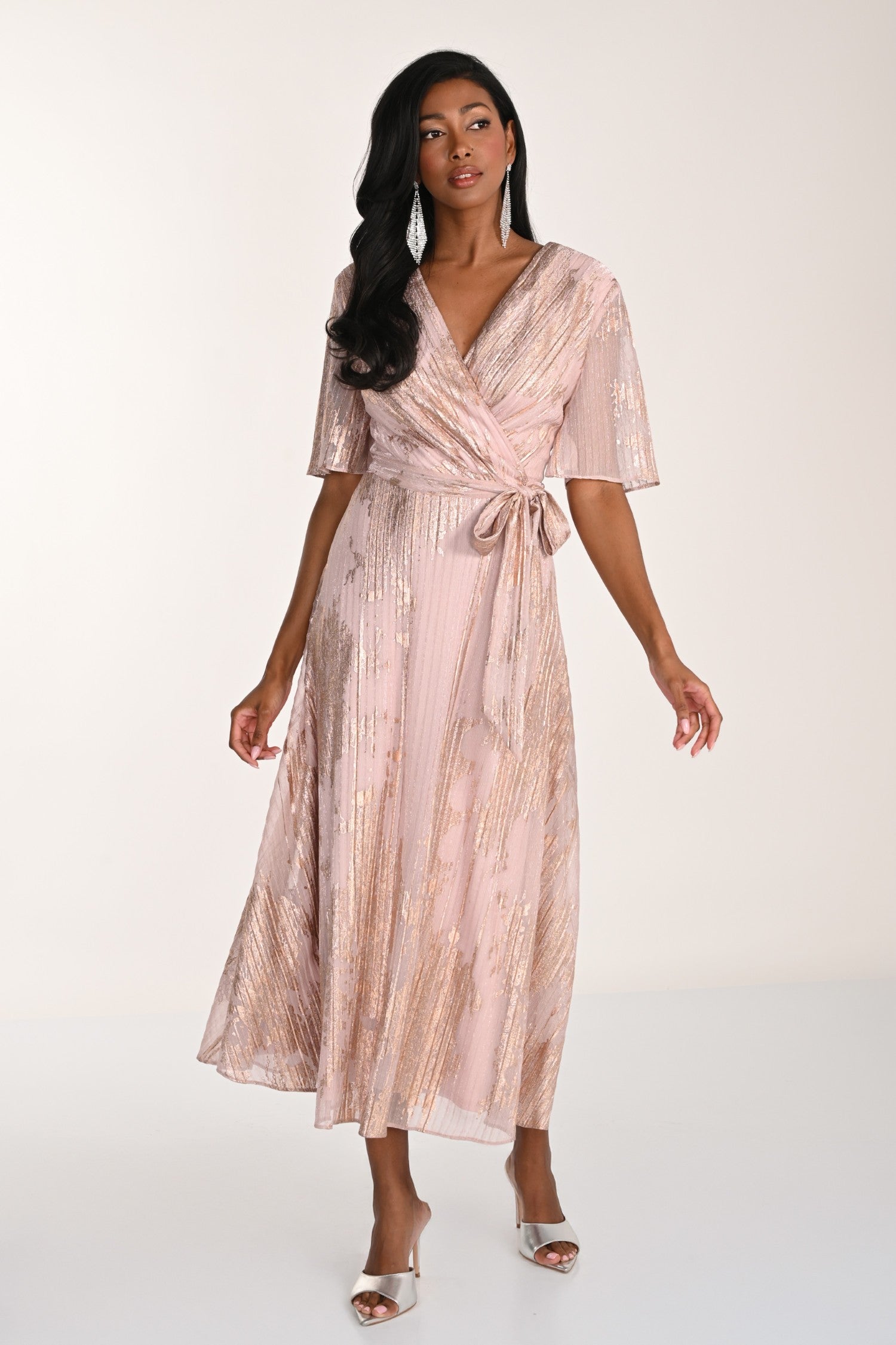 ワンピース Faerie lace v neck pleats dress V-Neck Midi Knit Dress with Belted Waist | Lizzy's by Cathy Allan