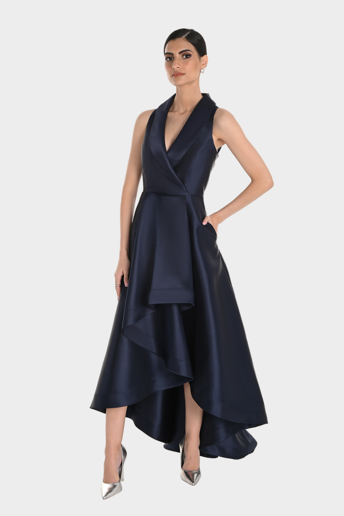 V-Neck Mikado High-Low Dress