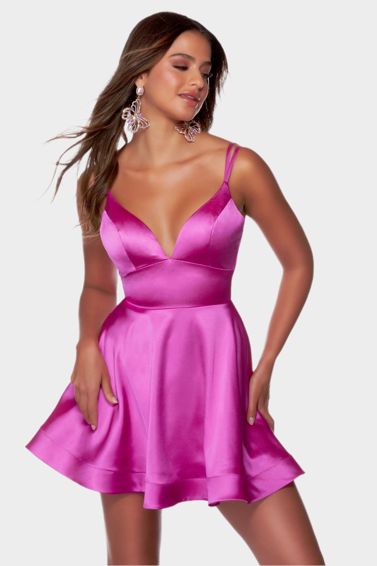 V-Neck Strappy Back Satin Short Dress