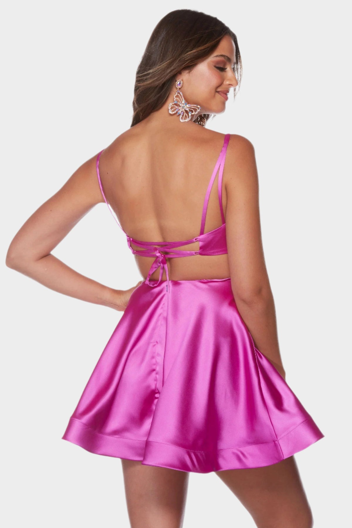 V-Neck Strappy Back Satin Short Dress