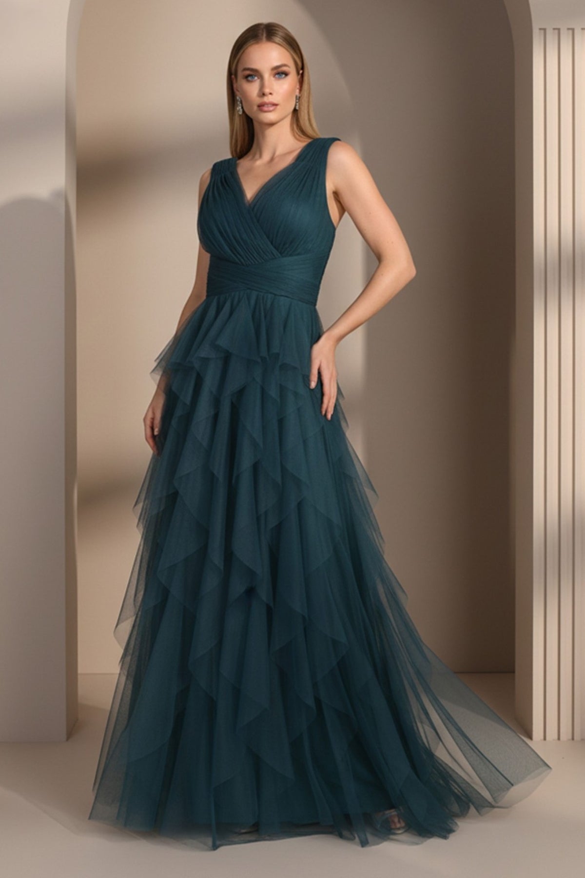 V-Neck Tulle Gown with Cascading Ruffles