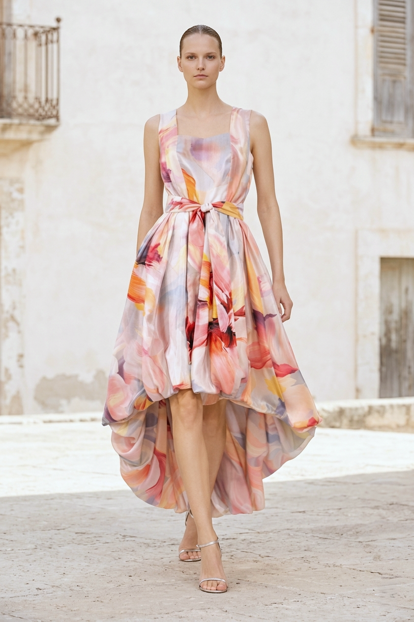 long bubble dress Watercolour Floral High-Low Long Bubble Dress