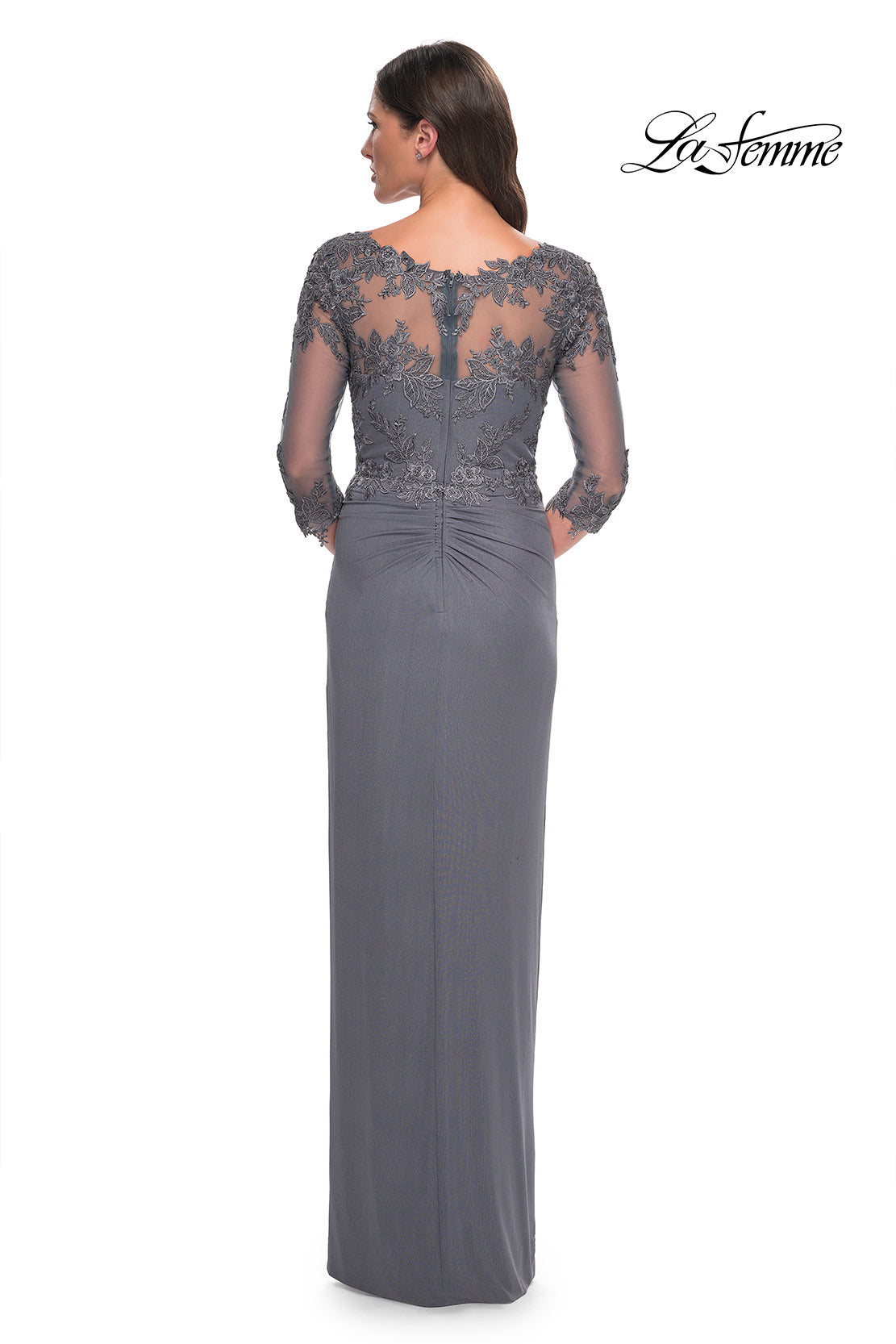 Ruched Tulip Hem Gown with Illusion Neckline and Sleeves
