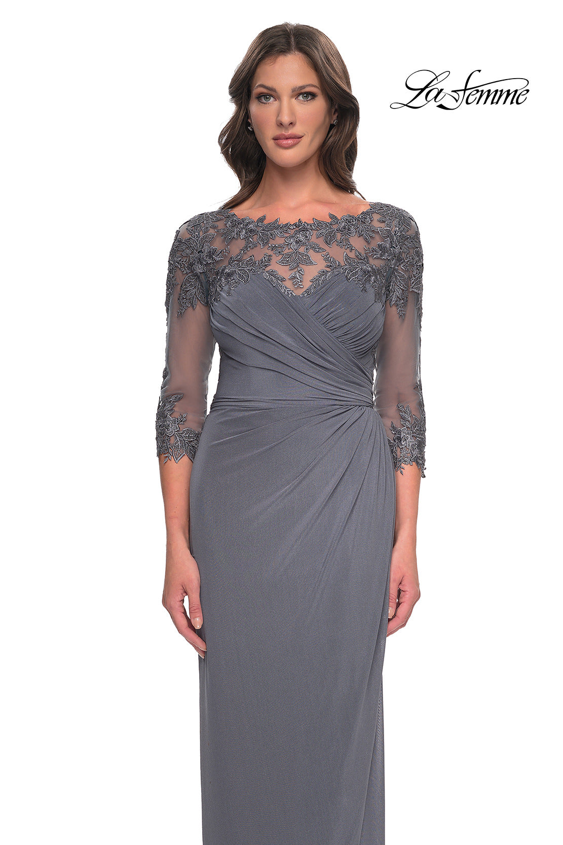 Ruched Tulip Hem Gown with Illusion Neckline and Sleeves