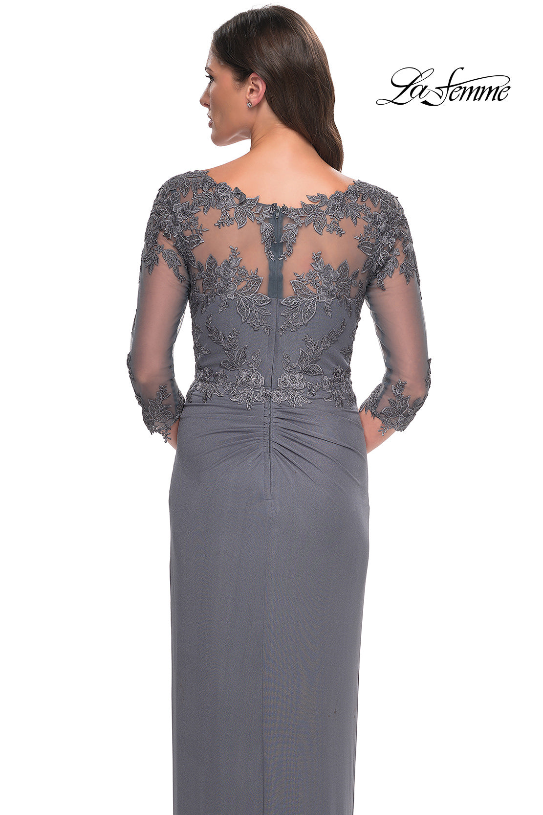 Ruched Tulip Hem Gown with Illusion Neckline and Sleeves