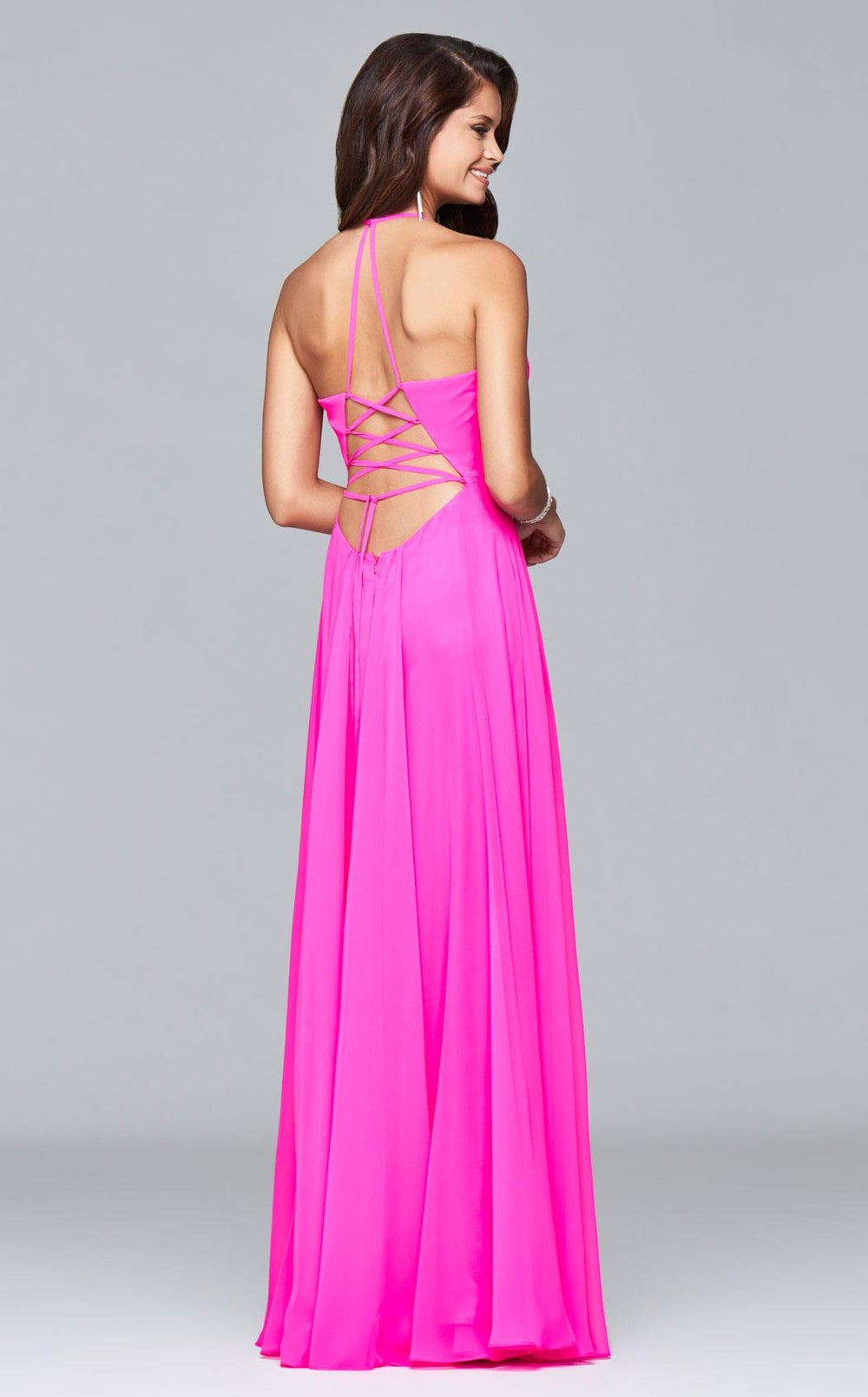 Cherry Pink Chiffon V-Neck Lace-up Back Dress