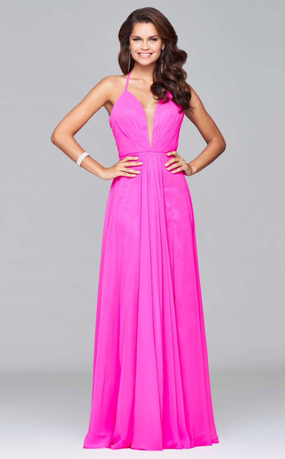 Cherry Pink Chiffon V-Neck Lace-up Back Dress