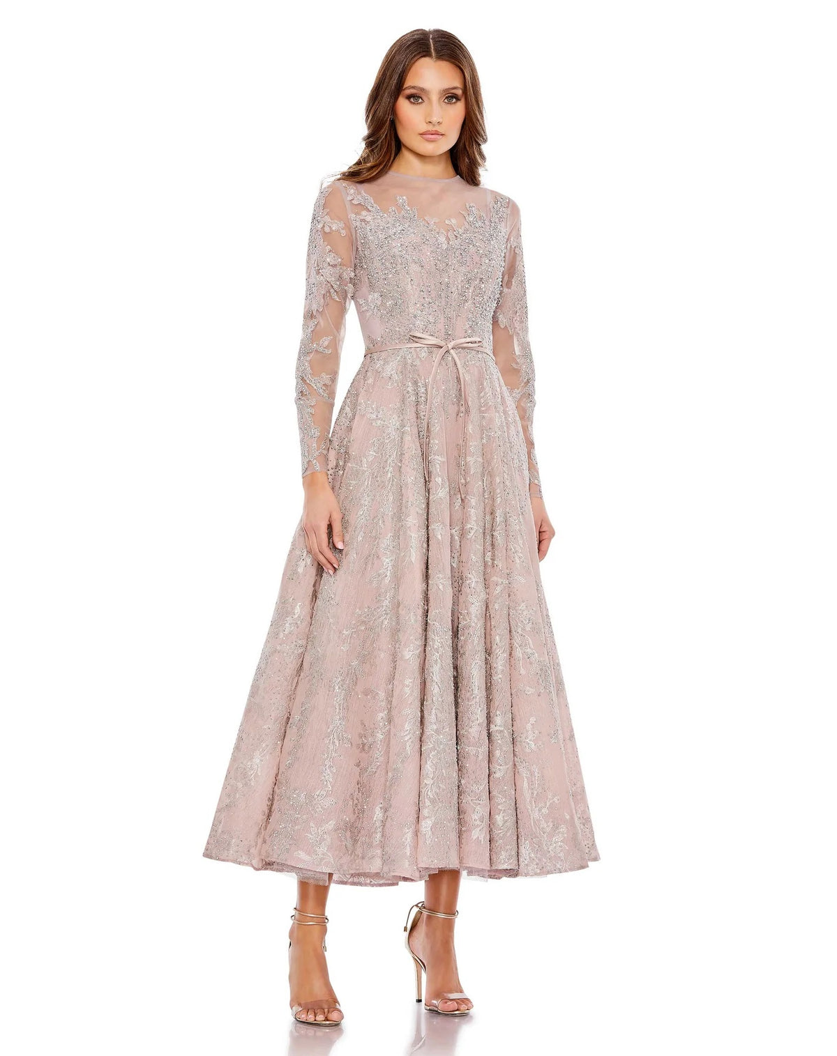 Embellished Bow Belt Illusion Sleeve A-Line Dress