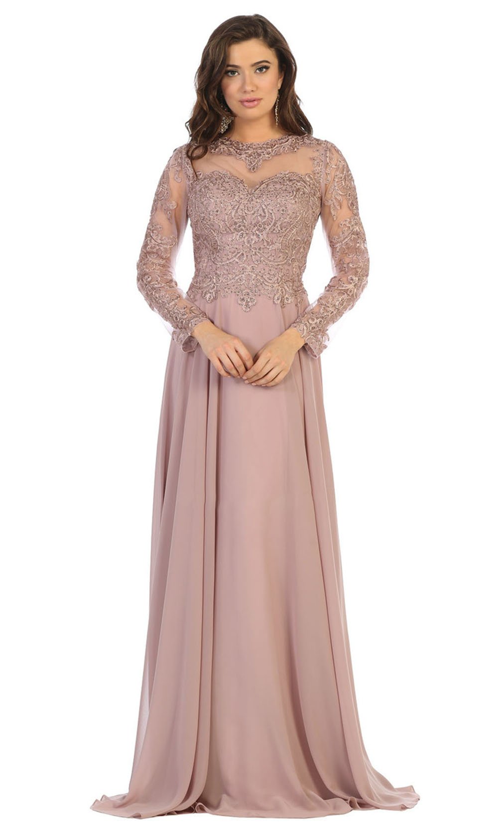 Embroidered Long Sleeve Dress With Chiffon Skirt