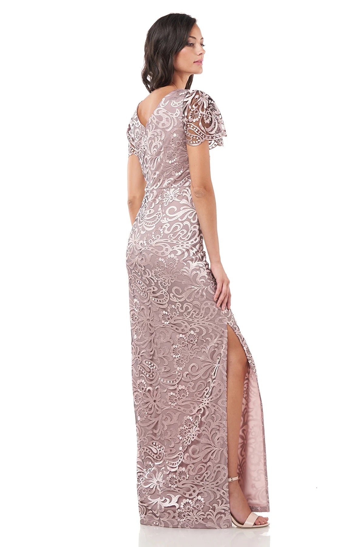 Embroidered Mesh Flutter Gown