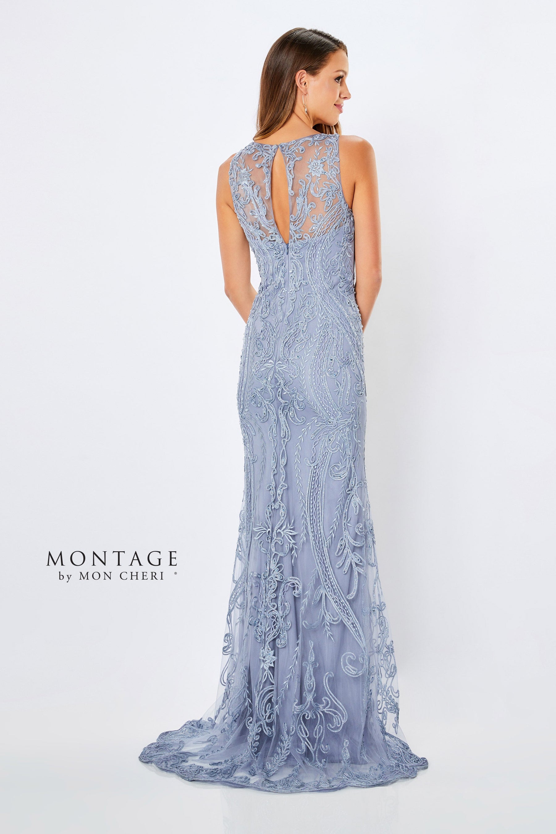 Embroidered Ribbon Gown with Illusion V-Neckline