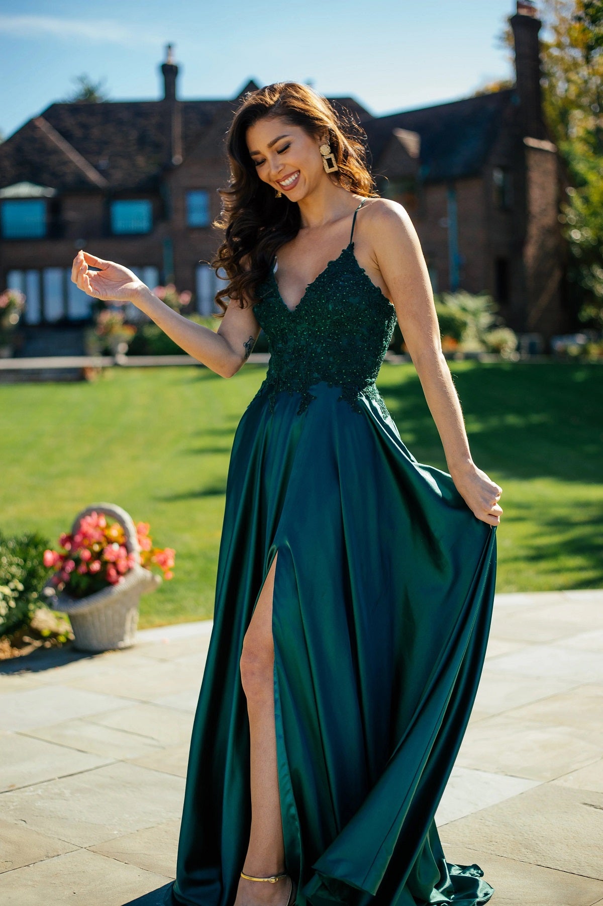 Embroidered Satin Lace-up Back Dress
