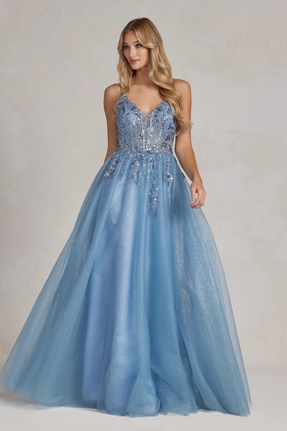 Embroidered Shimmer Tulle Gown