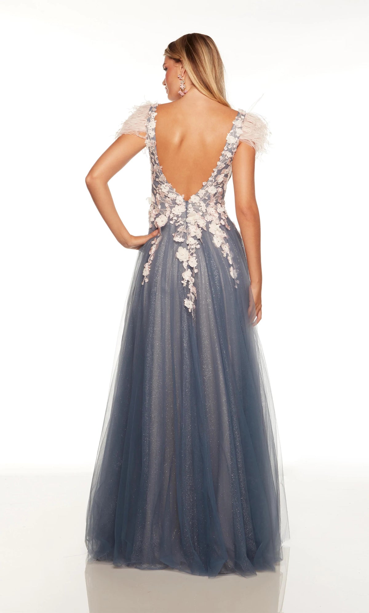 Feather Embellished 3D Floral A-Line Dress