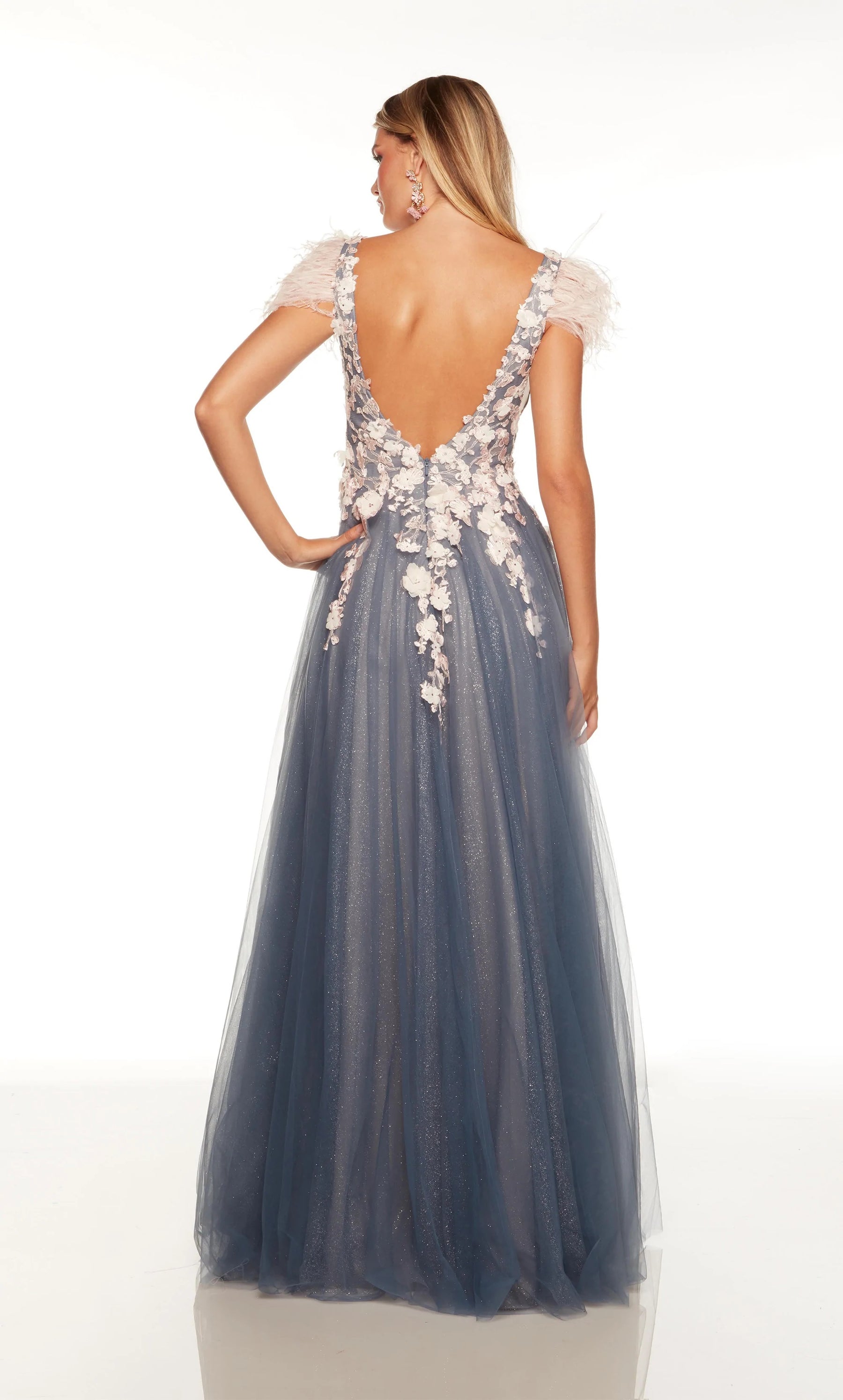 Feather Embellished 3D Floral A-Line Dress