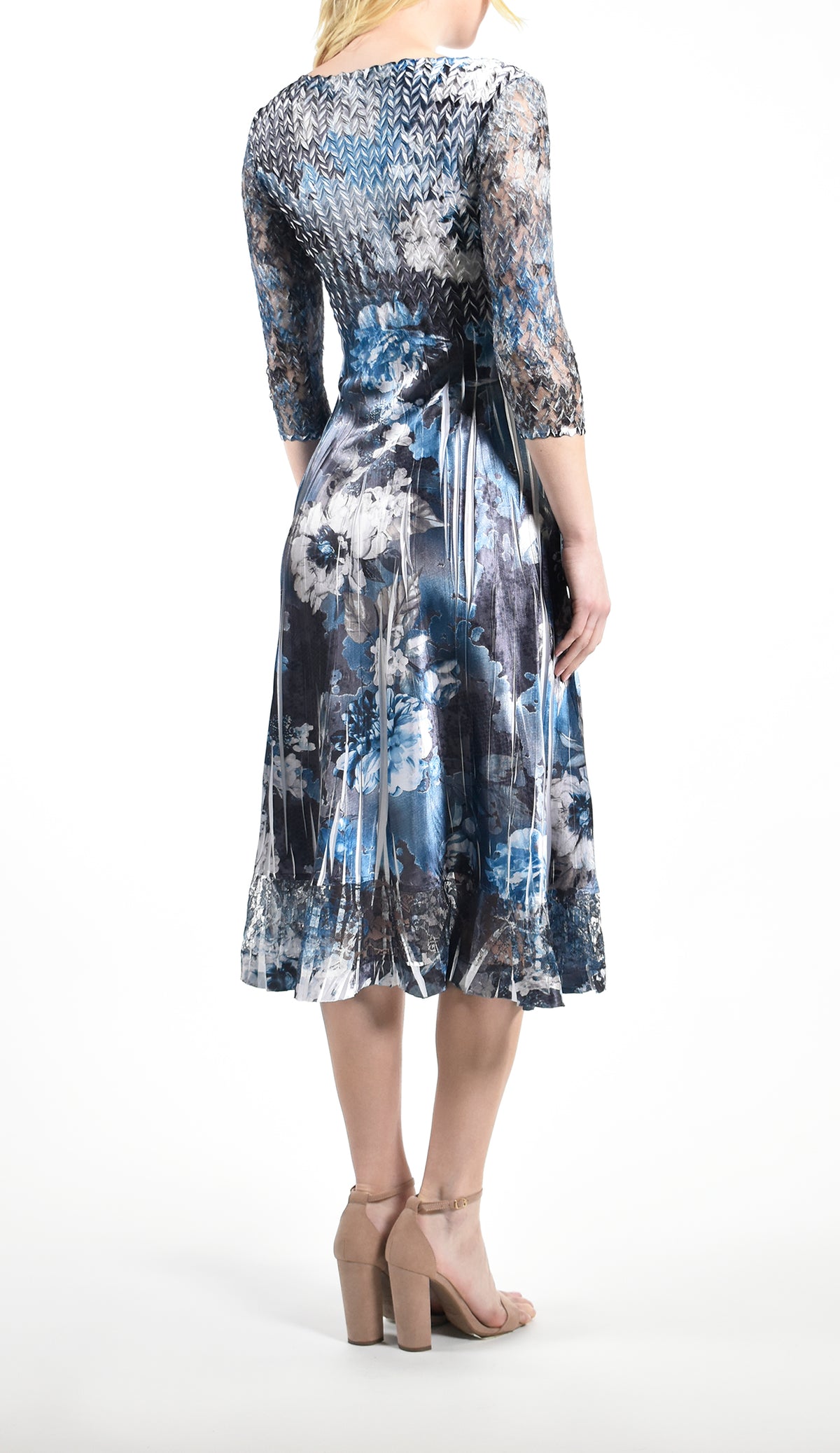 Floral Pleated Charmeuse & Lace Sleeve Dress