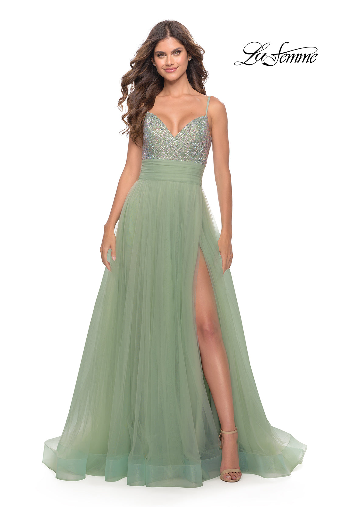 Iridescent Rhinestone Banded Waist Gown