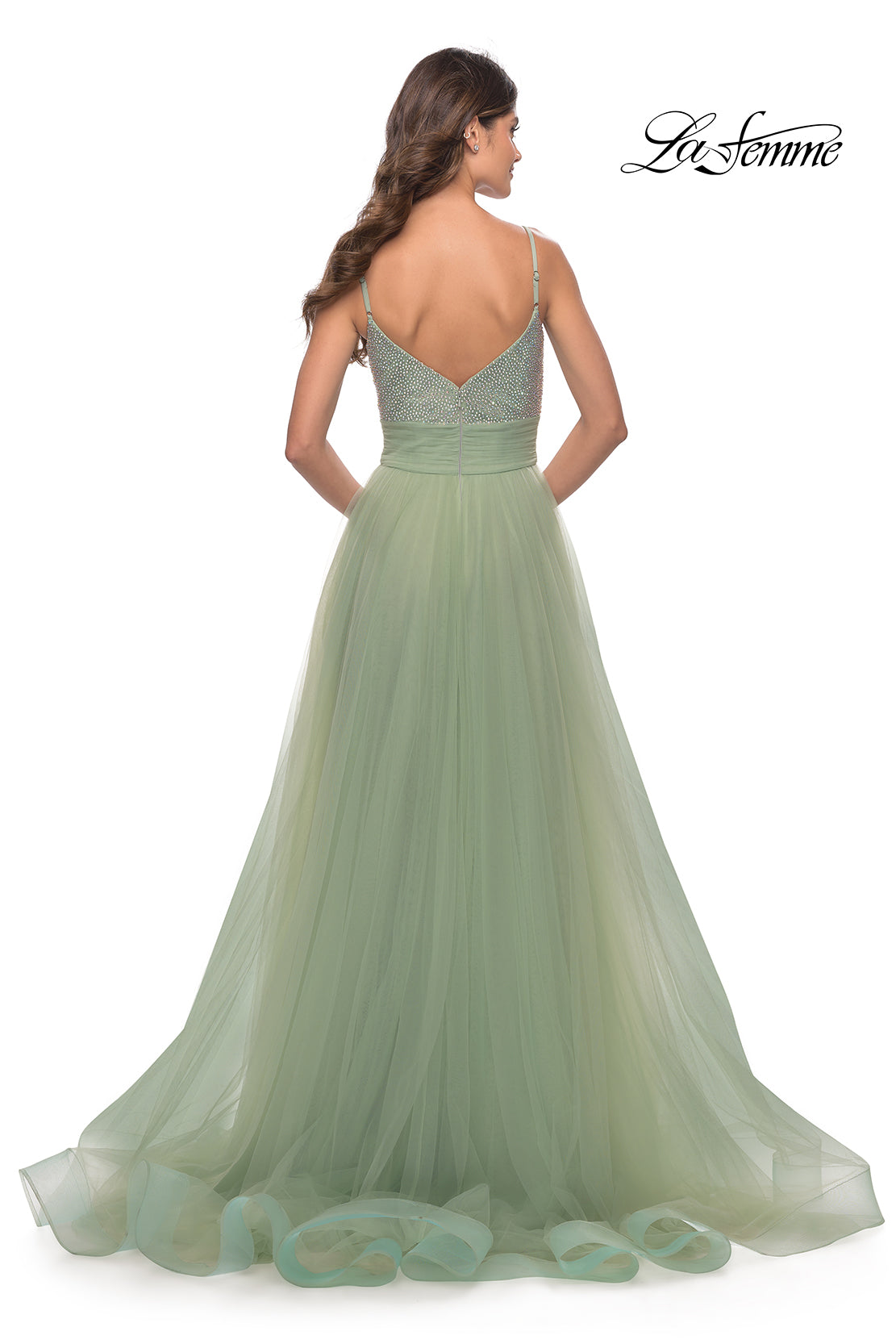 Iridescent Rhinestone Banded Waist Gown